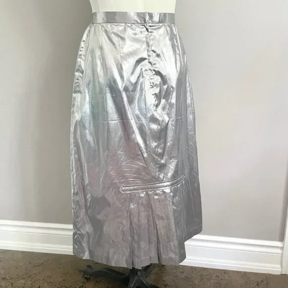 Vintage 70s Silver Metallic Tissue Lamé Lined Midi Party Skirt - M/28-29" - Picture 5 of 9